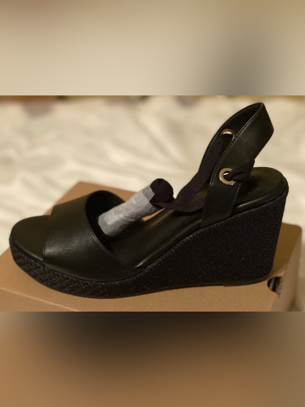 Women's Black Wedge Sandals with Ankle Tie Size 8.5 NIB